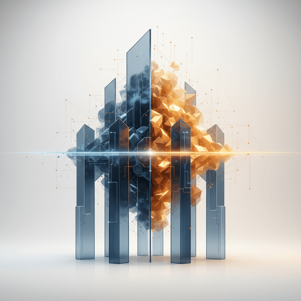 Split data architecture: structured blue columns in front, semantic amber cloud behind