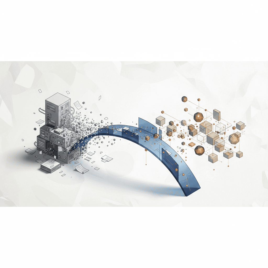 A migration bridge where legacy systems dissolve and reassemble into live data entities