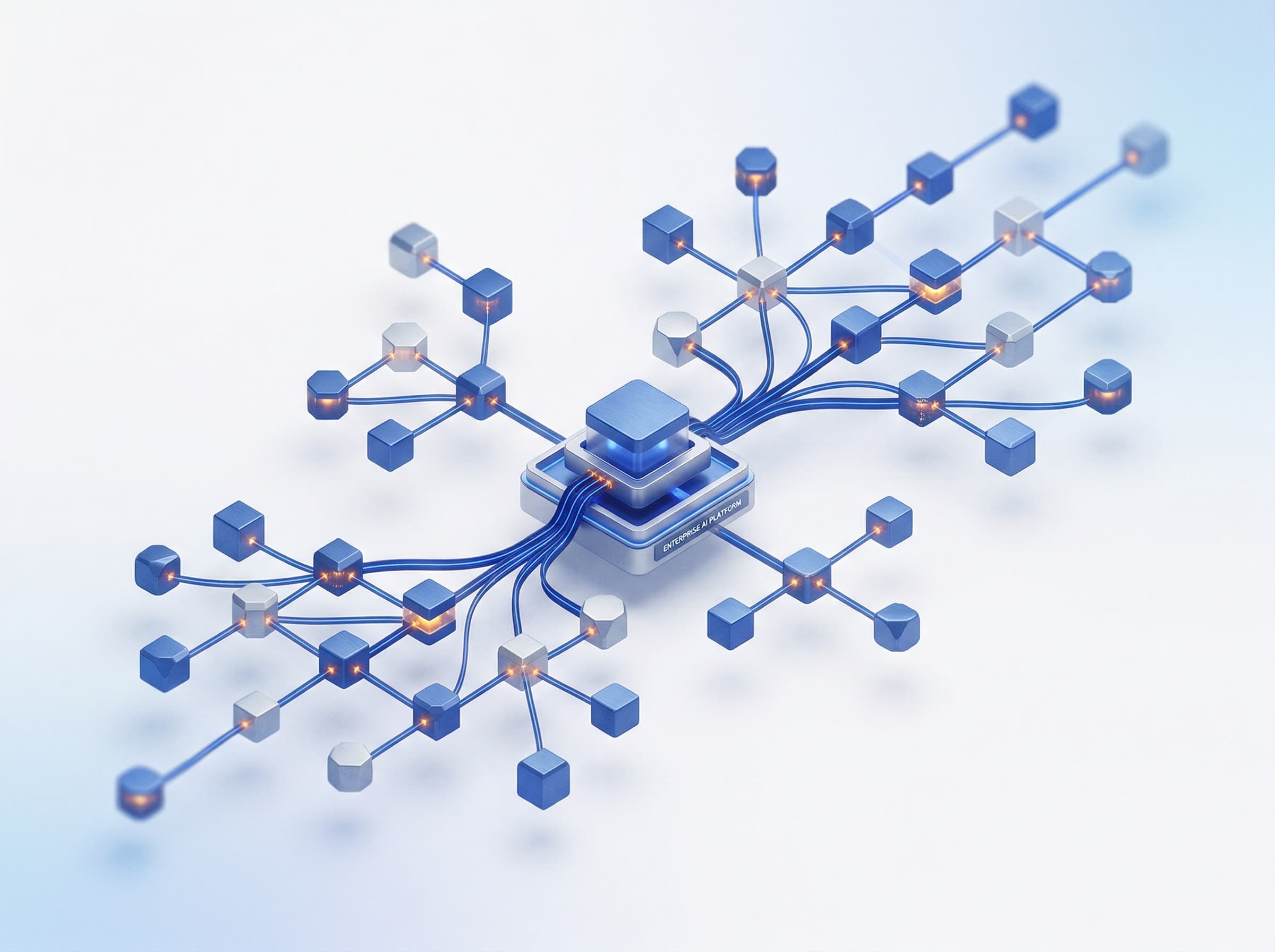 Abstract visualization of an agentic AI platform: neural network nodes with warm ember connection points over an enterprise control plane