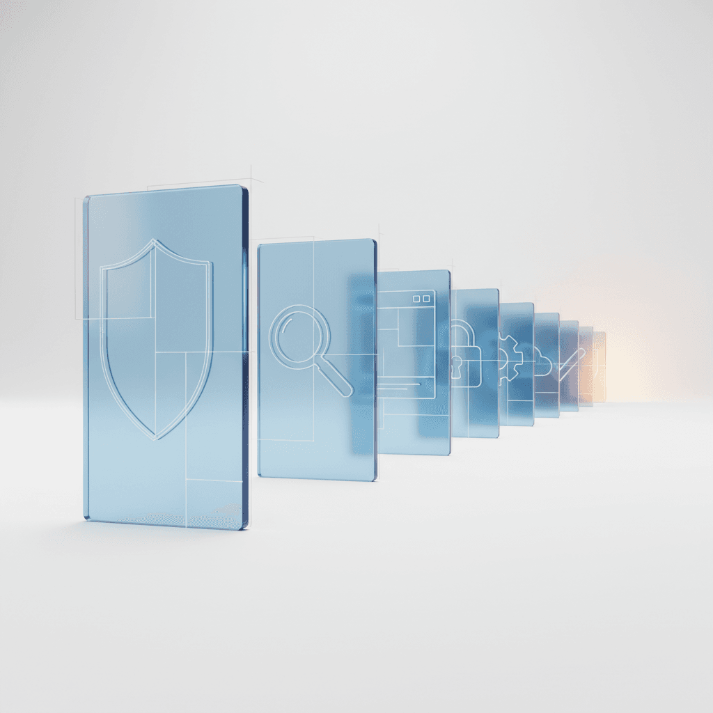 A corridor of eight translucent blue quality gates with amber light beyond the final gate