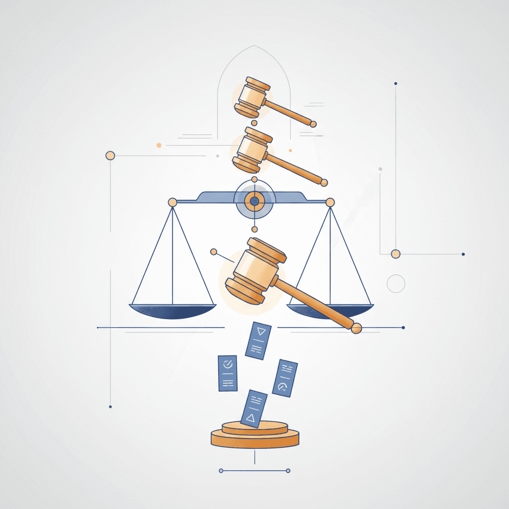 An arbitration chamber of amber gavels and scales weighing evidence cards