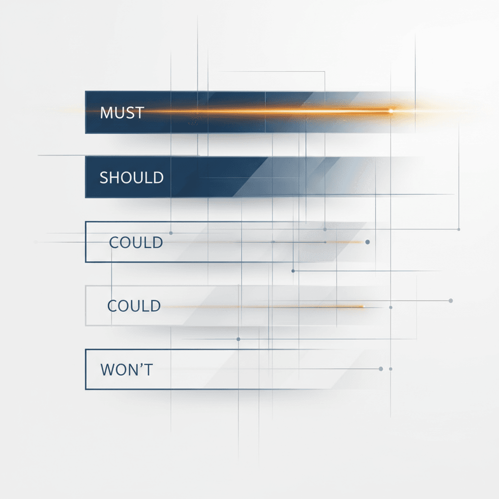 Four stacked prioritization bands — MUST, SHOULD, COULD, WON’T — with a bright amber MUST line