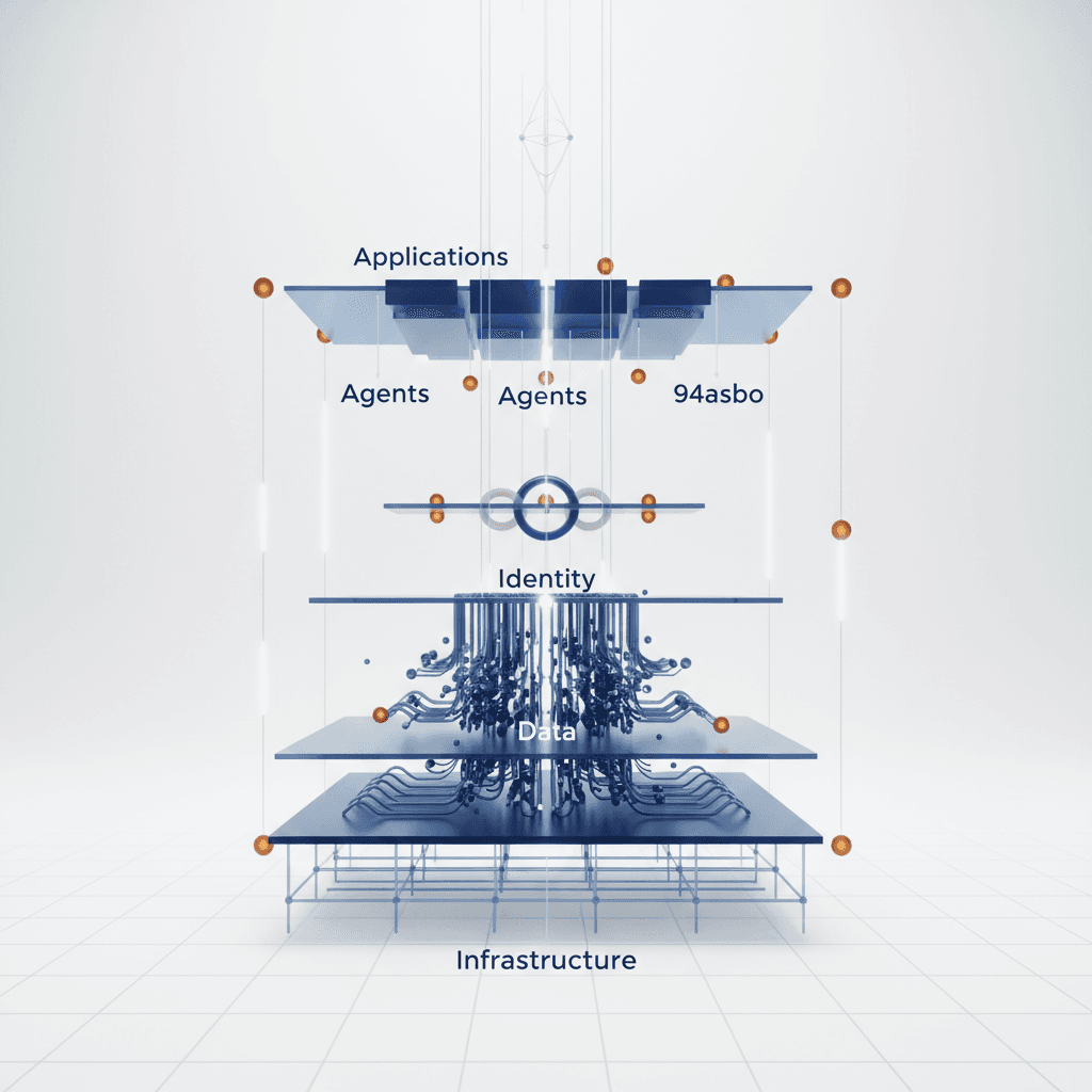 Aerial schematic of the Archon Crucible platform — layered infrastructure, identity, data, agents and applications