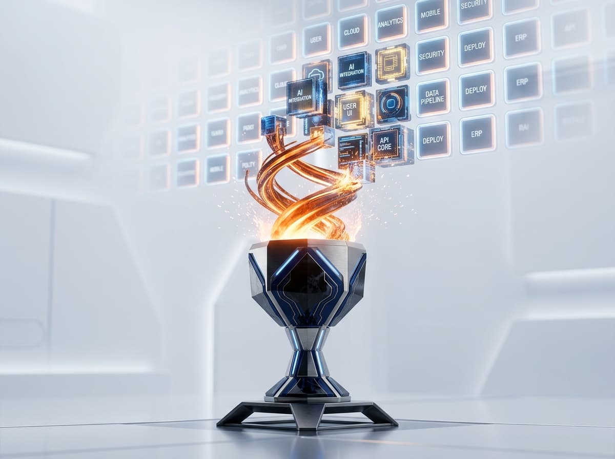 The Crucible forge producing enterprise application components from molten ember light