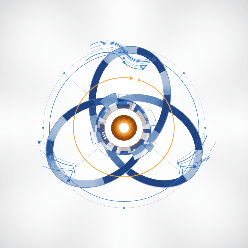 Three interlocking rings — Judge, Builder, Worker — rotating around an ember core